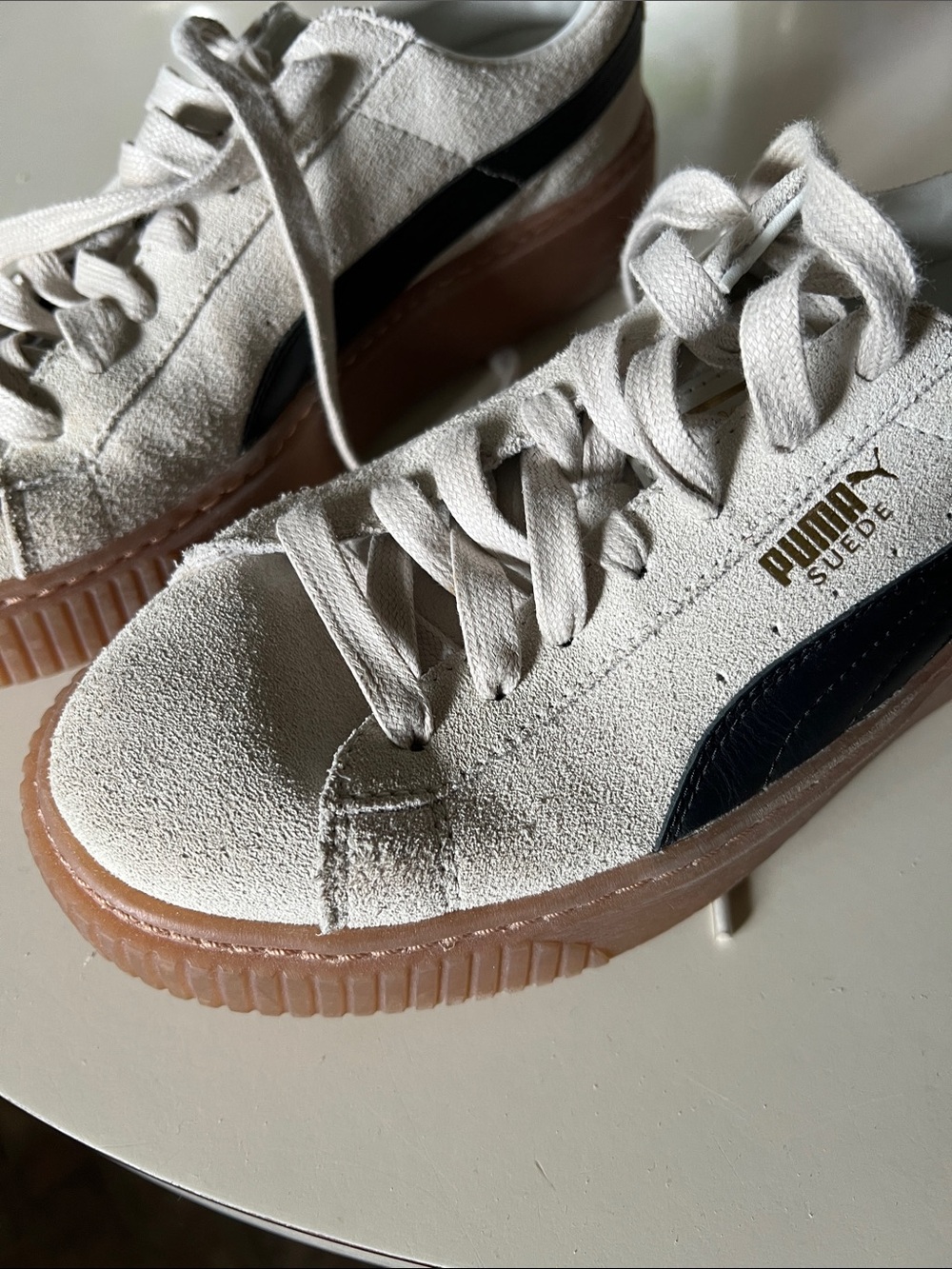 Puma Suede Platform Sneaker in Cream with Black Stripe